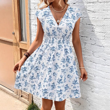 Women's Casual Loose-fit V-neck Floral Dress