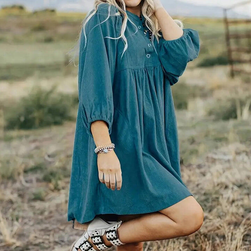 Women's Corduroy Empire Waist Dress, Button Up 3 4 Sleeve Mini Dress For Fall Winter
