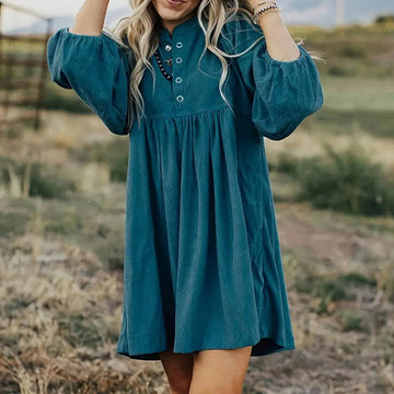 Women's Corduroy Empire Waist Dress, Button Up 3 4 Sleeve Mini Dress For Fall Winter